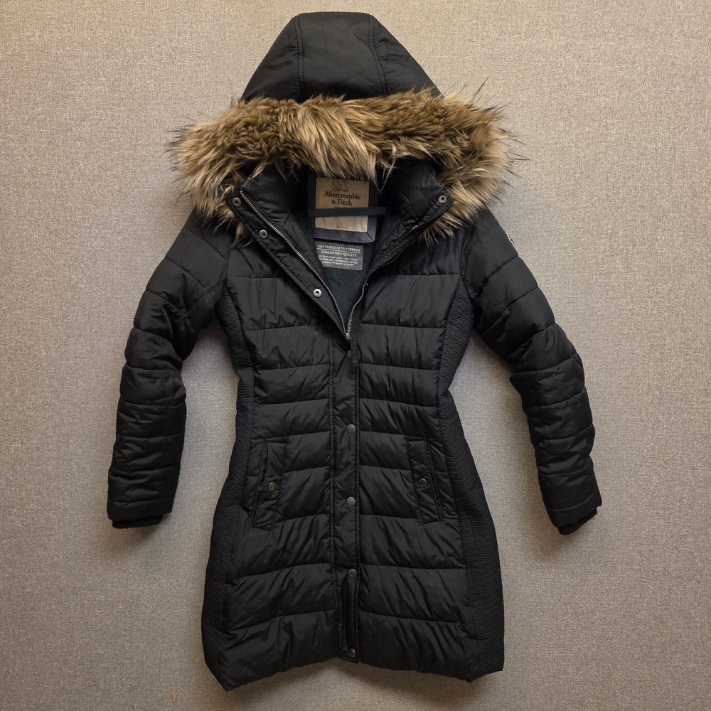 Abercrombie & Fitch Premium Black Faux Fur Hood Puffer Parka Jacket Women Small